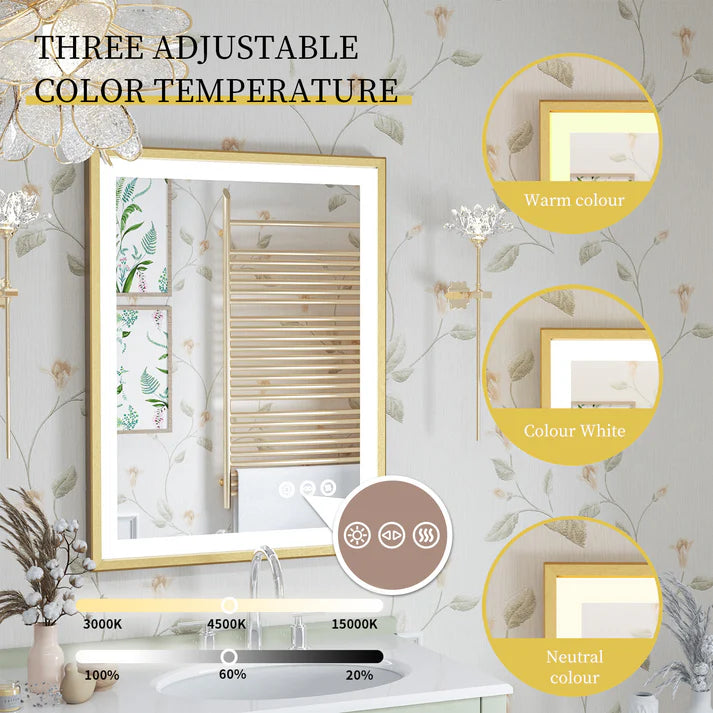 Front Light Rectangle Aluminum Alloy Frame Bath Mirror,Wall Mounted Lighted Vanity Mirror, Anti-Fog