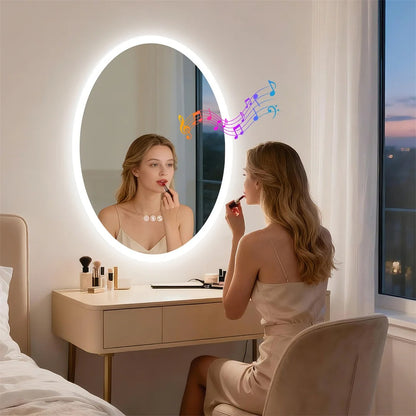 Oval Smart Bluetooth LED Bathroom Mirror with Double NdFeB Speakers,Smart Memory Dimming Lighted Anit-fog Mirror