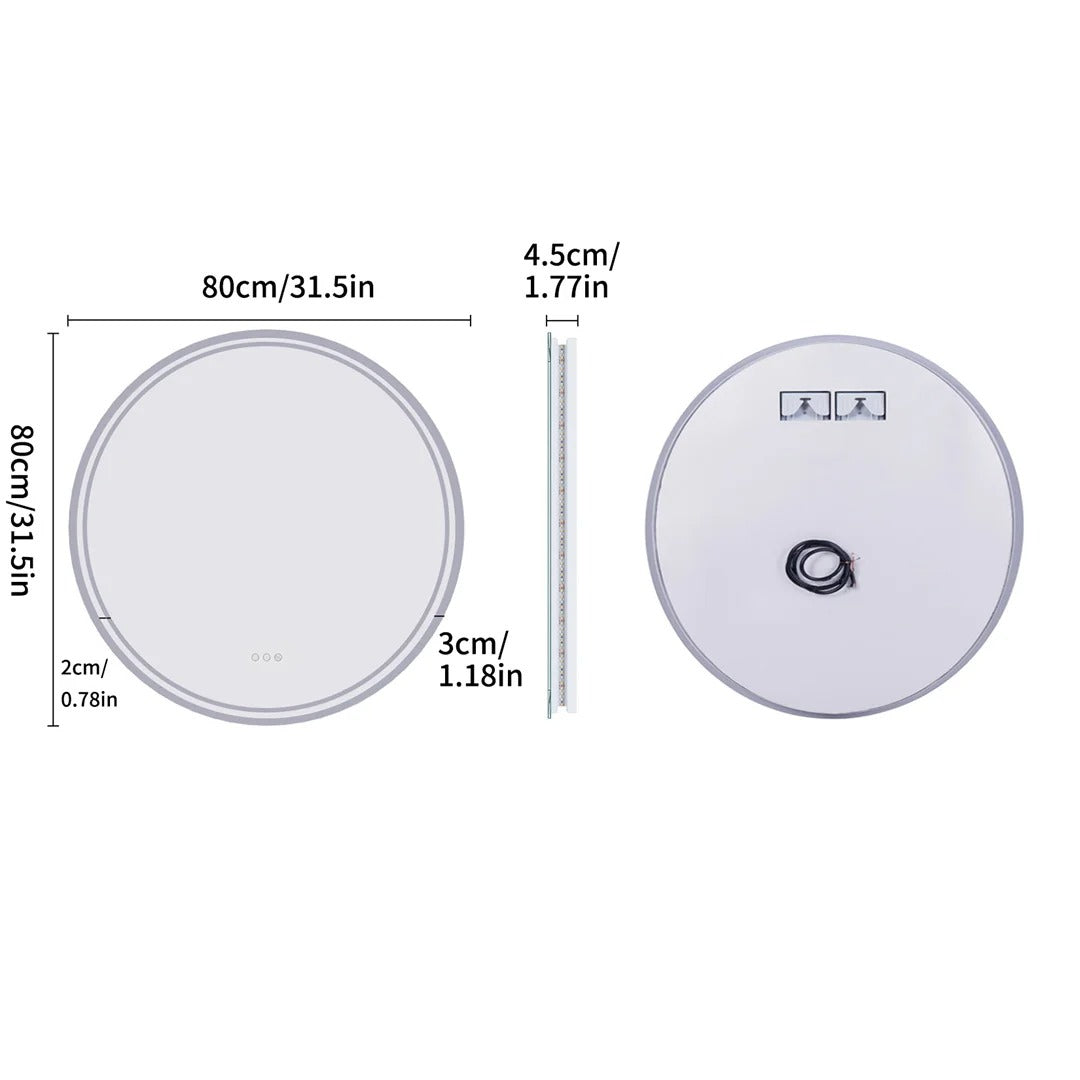 Backlit Light 60 cm & 80 cm LED Circle Bathroom Mirror, with Backlit Illumination, Wall Mounted, Anti-Fog, 3 Color Settings