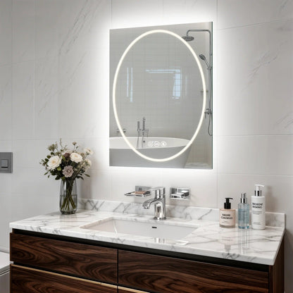 Frameless Double LED Lighted Bathroom Mirror, Rectangle & Round Tempered Glass Frontlit and Backlit Antifog