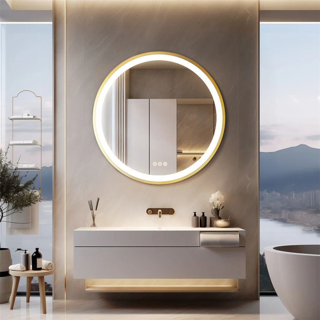 Golden Frame Round,Front Light LED Smart Bathroom Illumination Mirror, Wall Mounted, Anti-Fog