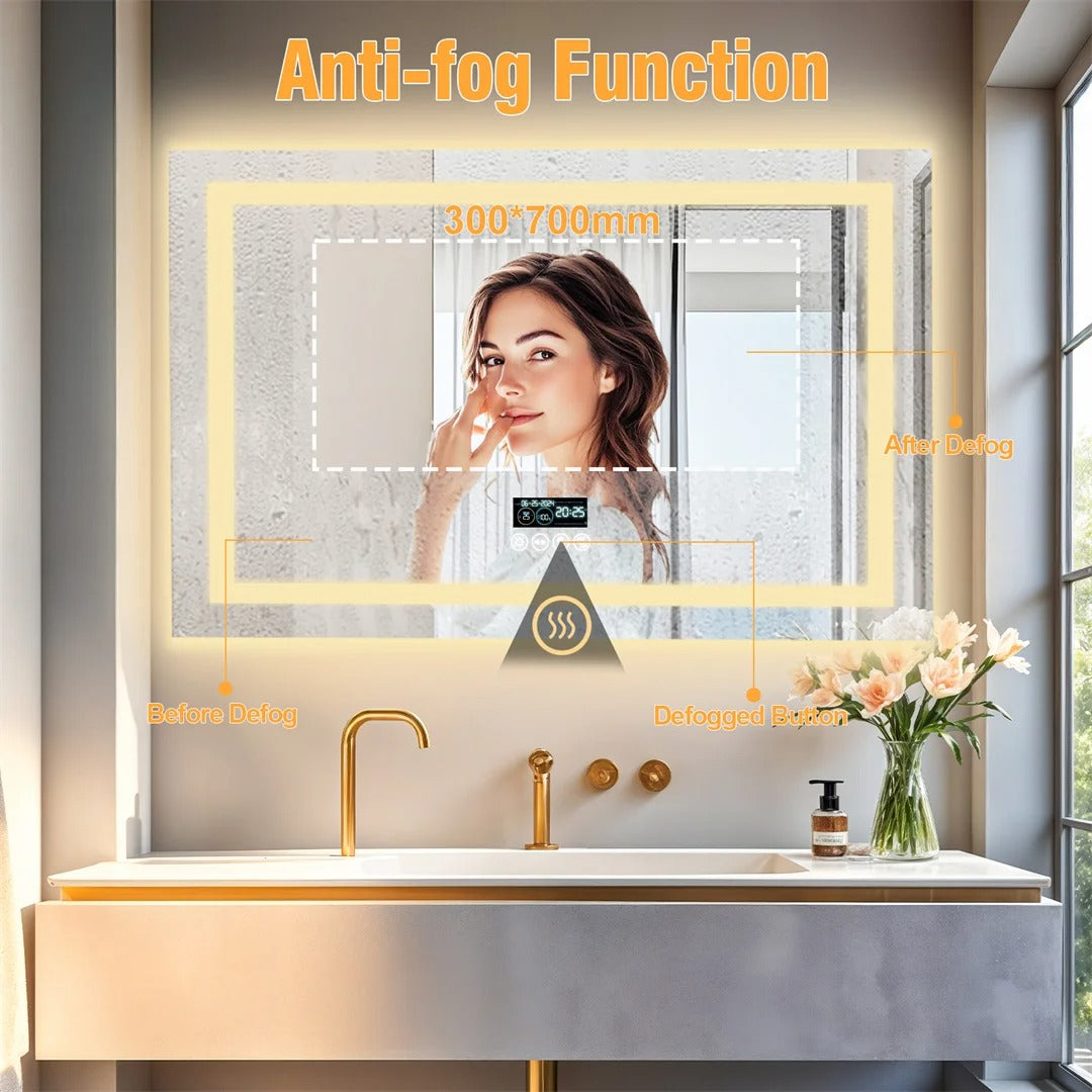 Rectangle Bluetooth Smart Bathroom Mirror  Illuminated Defog with Speakers and Time/Date/Temperature Display