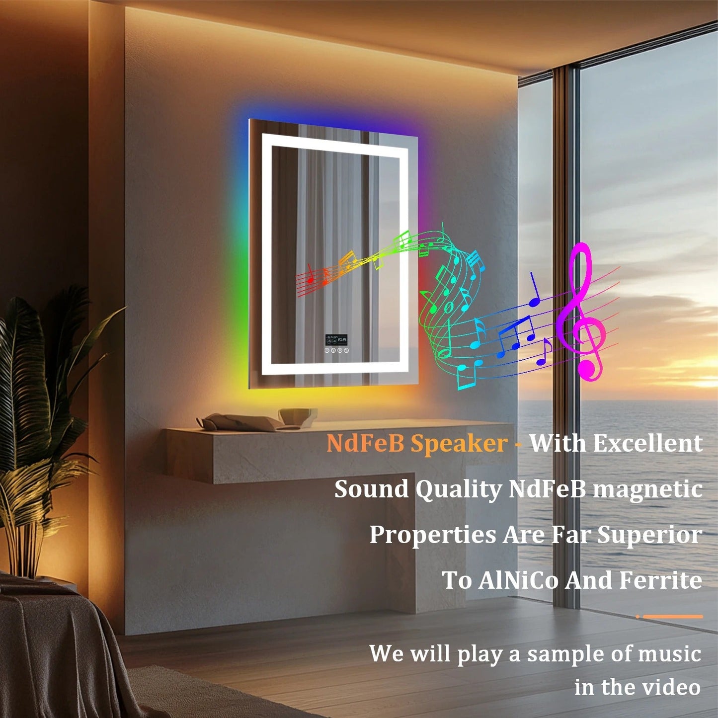 Rectangle Glitzy RGB，Smart LED mirror With Bluetooth Speakers，Double Light LED Bathroom Mirror ，Anti-Fog