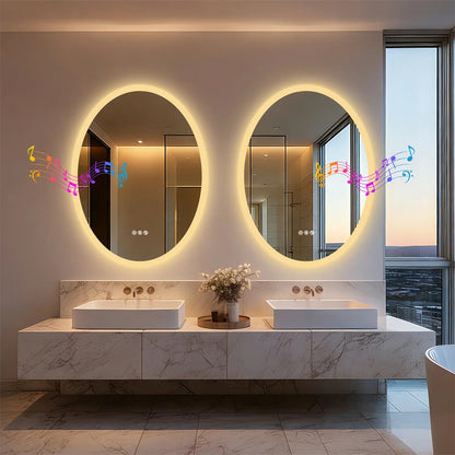 Oval Smart Bluetooth LED Bathroom Mirror with Double NdFeB Speakers,Smart Memory Dimming Lighted Anit-fog Mirror