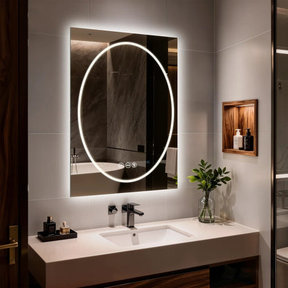 Frameless Double LED Lighted Bathroom Mirror, Rectangle & Round Tempered Glass Frontlit and Backlit Antifog