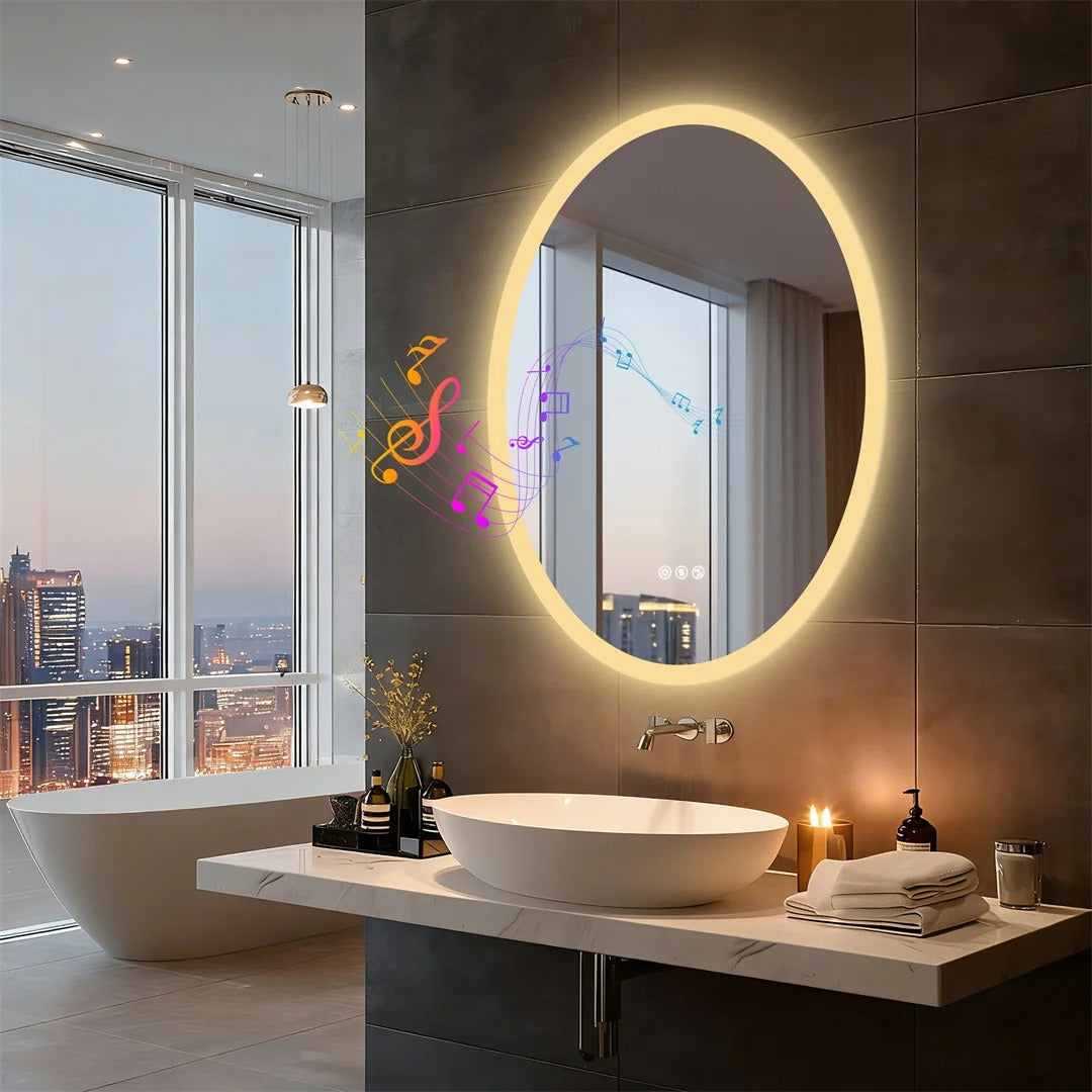 Oval Smart Bluetooth LED Bathroom Mirror with Double NdFeB Speakers,Smart Memory Dimming Lighted Anit-fog Mirror