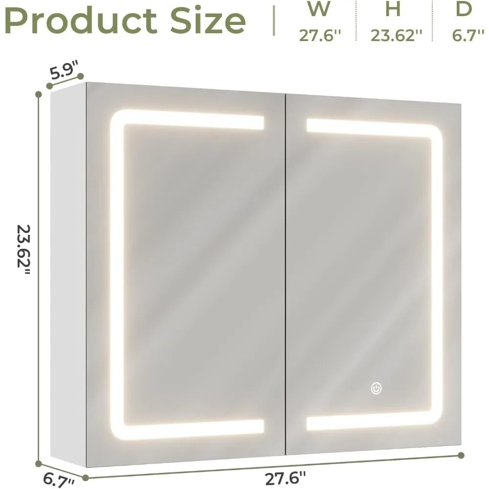 Wall-Mounted Bathroom Medicine Cabinet with LED Mirror – Double Doors, Storage Shelves, UC01