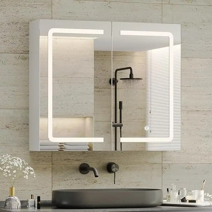 Wall-Mounted Bathroom Medicine Cabinet with LED Mirror – Double Doors, Storage Shelves, UC01