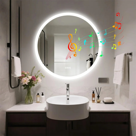 32-Inch Round LED Bathroom Mirror with Bluetooth Speakers – Wall-Mounted Lighted Vanity Mirror with Anti-Fog Function