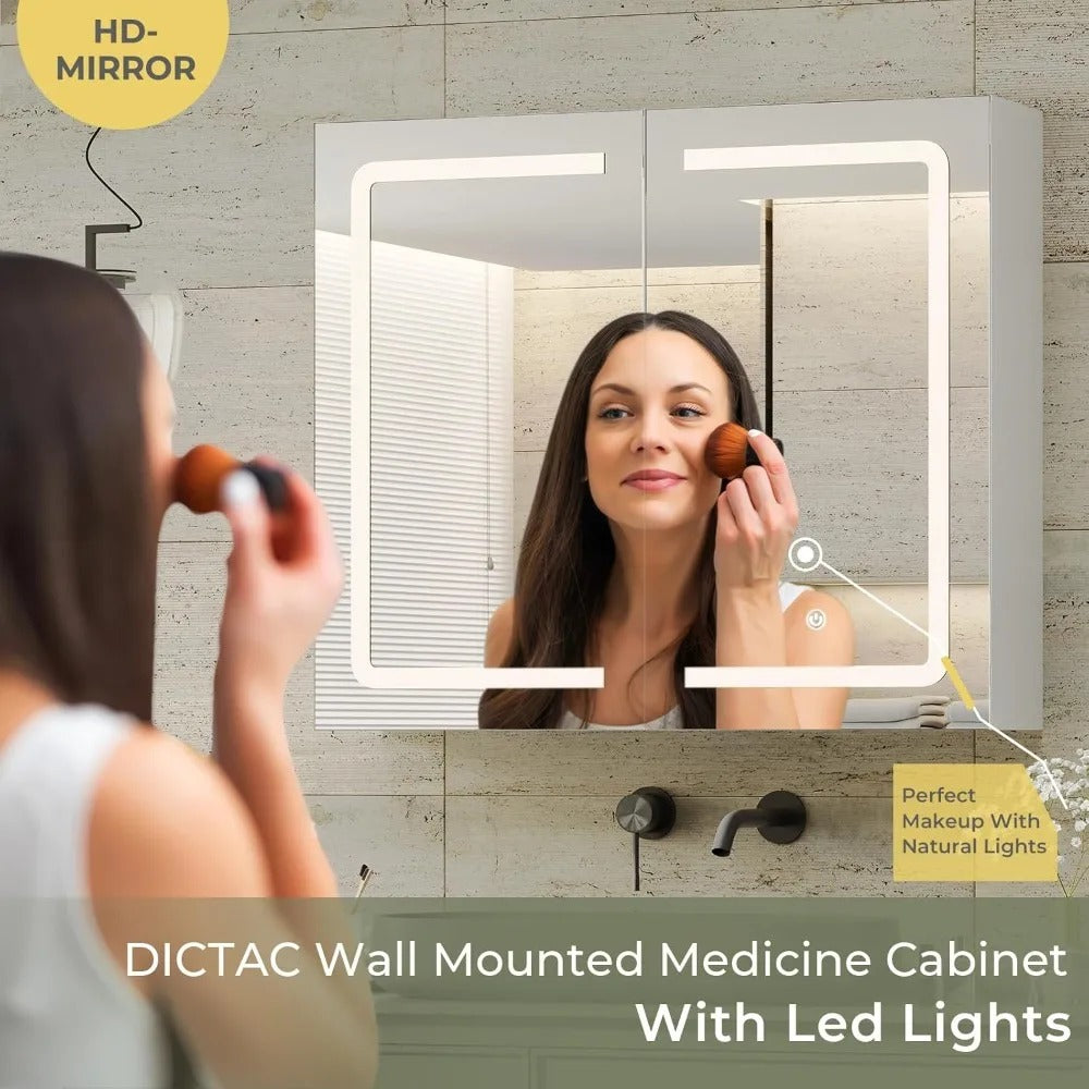 Wall-Mounted Bathroom Medicine Cabinet with LED Mirror – Double Doors, Storage Shelves, UC01