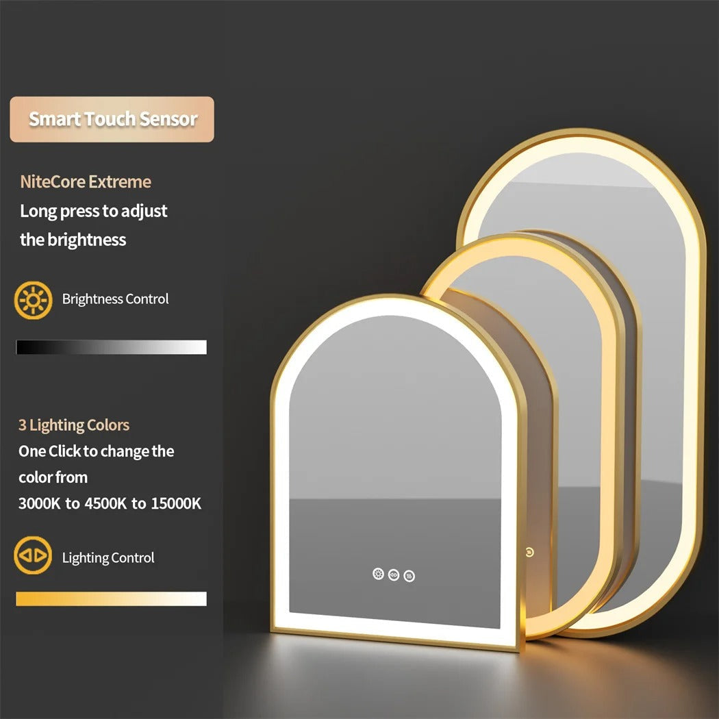 Arched Gold Aluminum Frame Front-lit Arched Gold Aluminum Frame LED Illuminated Bathroom Smart Mirror, 3 Colors Dimming, Defog and Memory Function