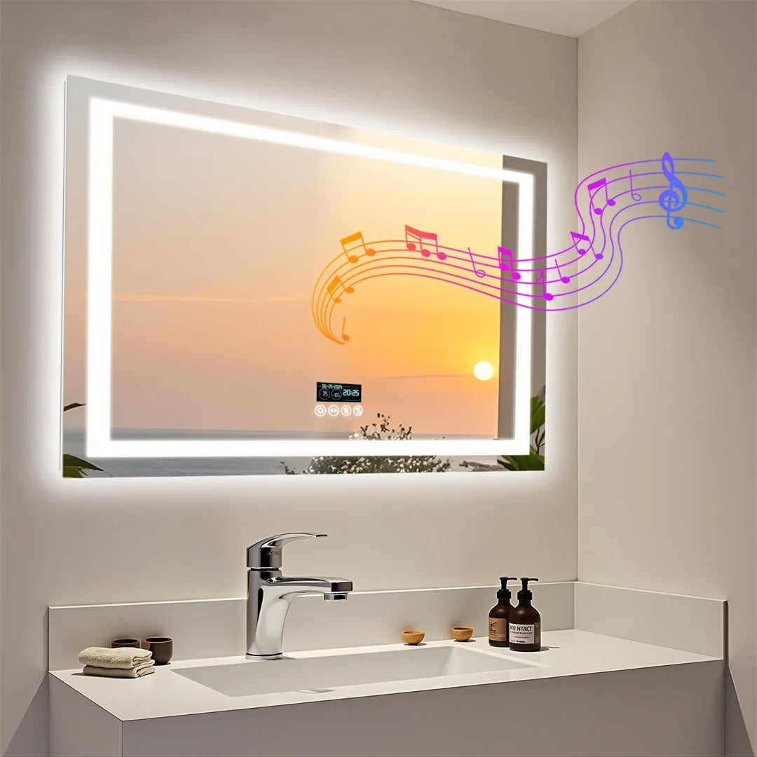 Rectangle Bluetooth Smart Bathroom Mirror  Illuminated Defog with Speakers and Time/Date/Temperature Display