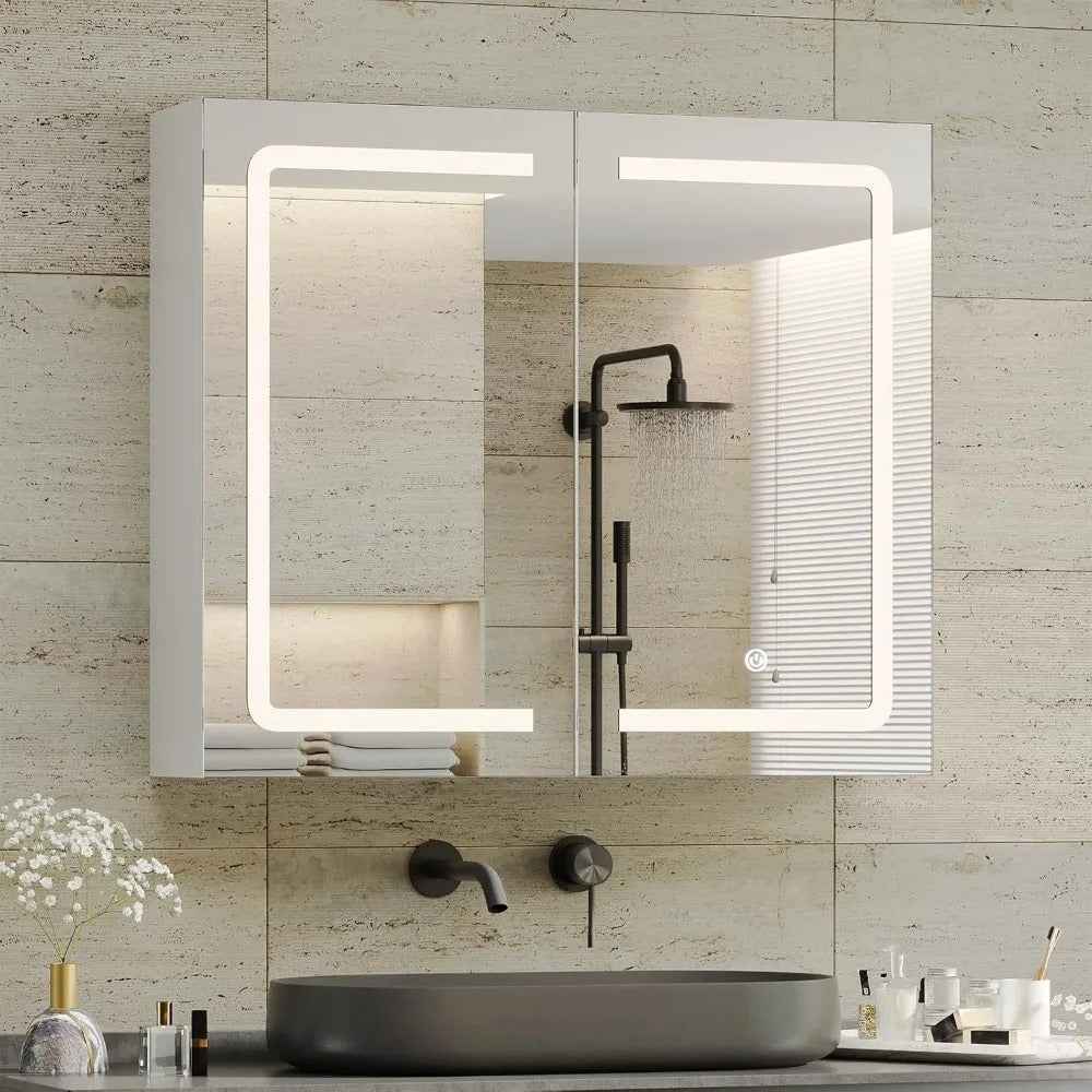 Wall-Mounted Bathroom Medicine Cabinet with LED Mirror – Double Doors, Storage Shelves, UC01