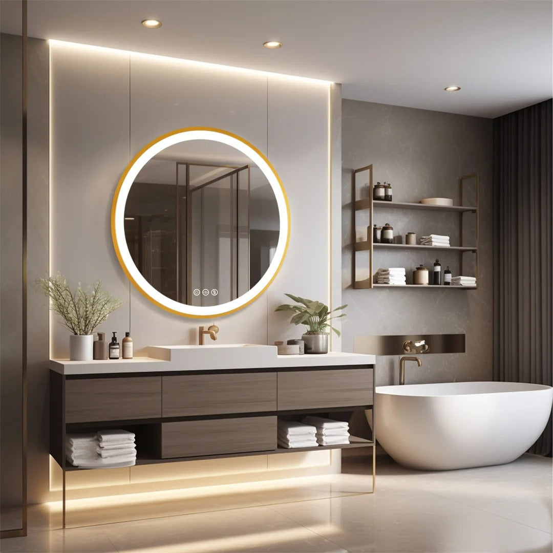 Golden Frame Round,Front Light LED Smart Bathroom Illumination Mirror, Wall Mounted, Anti-Fog