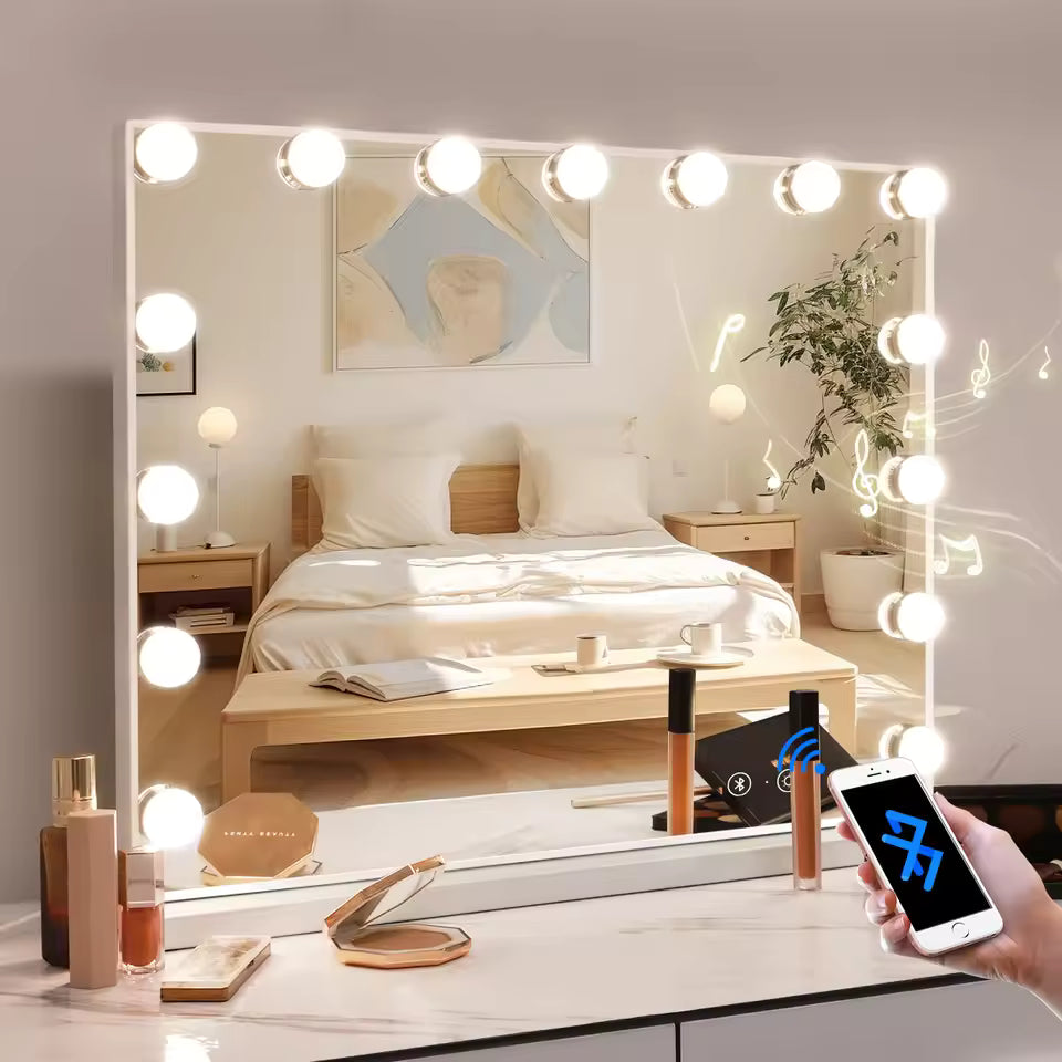 Large Bluetooth Vanity Mirror Makeup Mirror with Lights Touchscreen Control Cosmetic Mirrors with 15 LED Bulbs - M006
