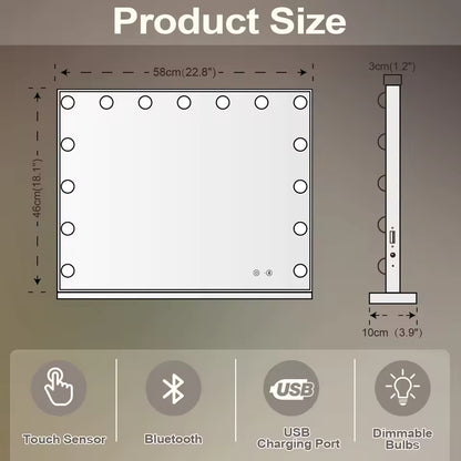 Large Bluetooth Vanity Mirror Makeup Mirror with Lights Touchscreen Control Cosmetic Mirrors with 15 LED Bulbs - M006