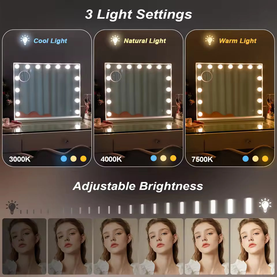 Large Bluetooth Vanity Mirror Makeup Mirror with Lights Touchscreen Control Cosmetic Mirrors with 15 LED Bulbs - M006