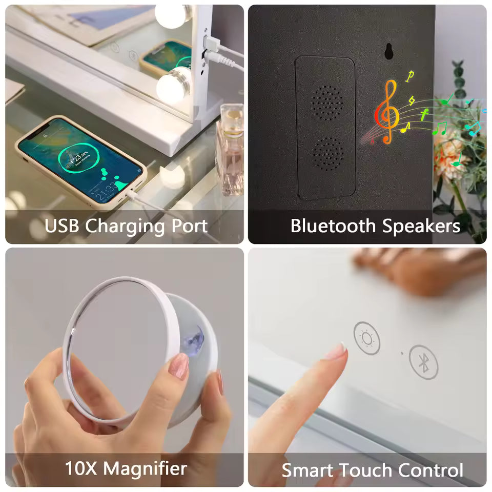 Large Bluetooth Vanity Mirror Makeup Mirror with Lights Touchscreen Control Cosmetic Mirrors with 15 LED Bulbs - M006