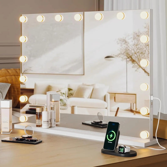 Large 32"x24" Rectangle Hollywood Makeup Mirror with 17 LED Bulbs – 3 Color Modes Touch Control with 3X Magnification for Dressing Table - M001