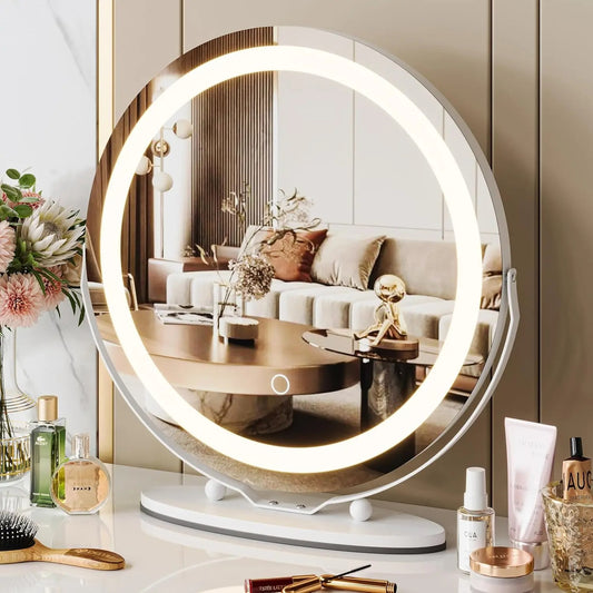 19" Large Round LED Vanity Mirror with Touch Control – Dimmable 3-Color Makeup Light for Bedroom Tabletop - M002