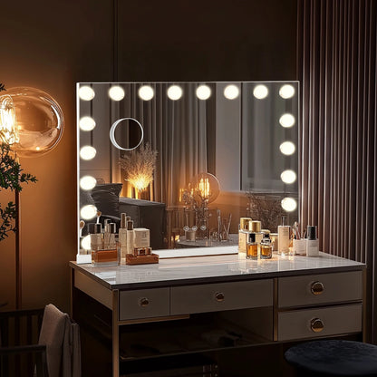 32"x24" Vanity Mirror with 18 Dimmable LED Bulbs – Large Hollywood Mirror 10X Magnified, 3 Color Modes & USB Charging Port - M004