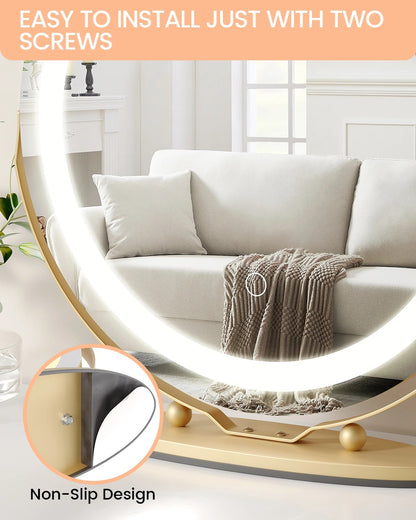 19" Large Round LED Vanity Mirror with Touch Control – Dimmable 3-Color Makeup Light for Bedroom Tabletop - M002