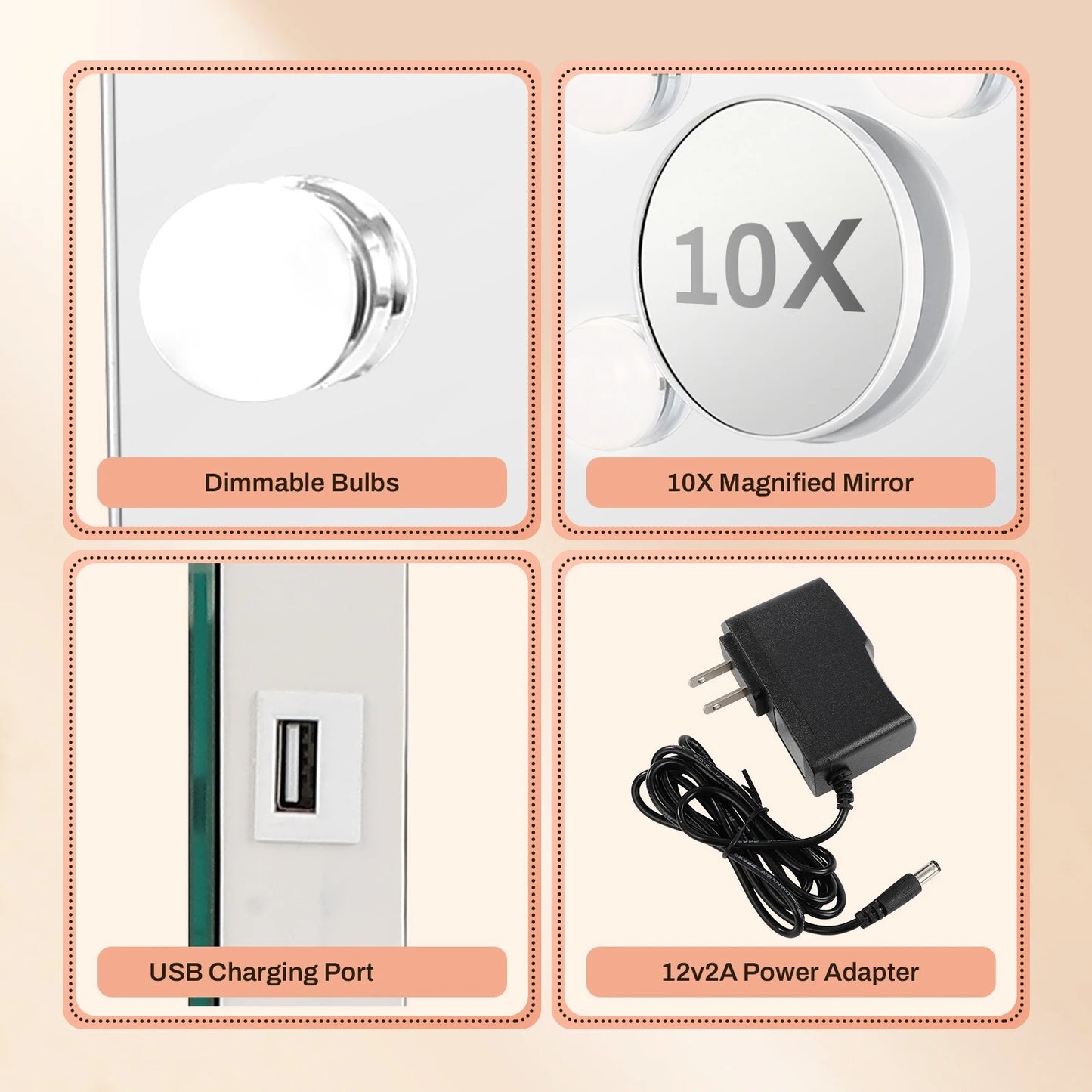 32"x24" Vanity Mirror with 18 Dimmable LED Bulbs – Large Hollywood Mirror 10X Magnified, 3 Color Modes & USB Charging Port - M004