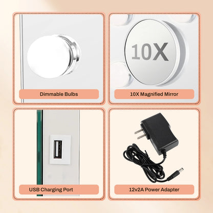32"x24" Vanity Mirror with 18 Dimmable LED Bulbs – Large Hollywood Mirror 10X Magnified, 3 Color Modes & USB Charging Port - M004