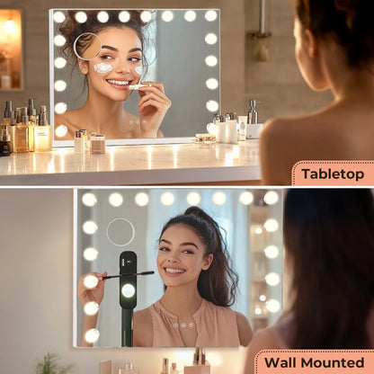 32"x24" Vanity Mirror with 18 Dimmable LED Bulbs – Large Hollywood Mirror 10X Magnified, 3 Color Modes & USB Charging Port - M004