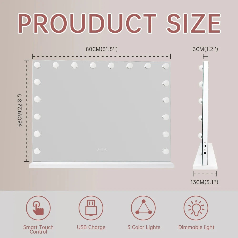 32"x24" Vanity Mirror with 18 Dimmable LED Bulbs – Large Hollywood Mirror 10X Magnified, 3 Color Modes & USB Charging Port - M004