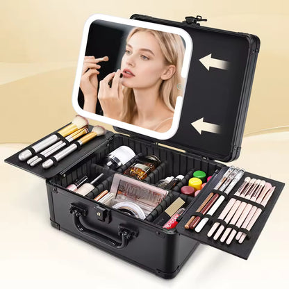 Makeup Case with Magnetic Lighted Mirror Cosmetic Case with 3 Colors LED Mirror Portable Make up Suitcase with Key Divider - M011