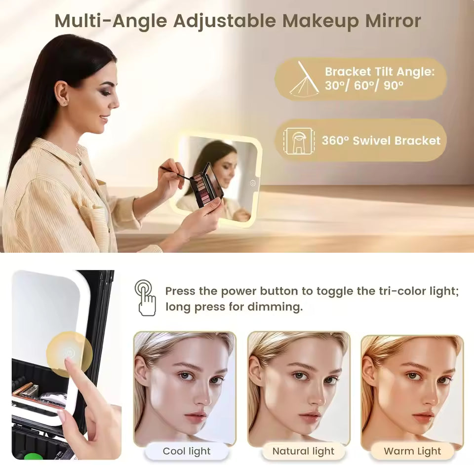 Makeup Case with Magnetic Lighted Mirror Cosmetic Case with 3 Colors LED Mirror Portable Make up Suitcase with Key Divider - M011