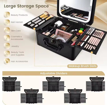 Makeup Case with Magnetic Lighted Mirror Cosmetic Case with 3 Colors LED Mirror Portable Make up Suitcase with Key Divider - M011