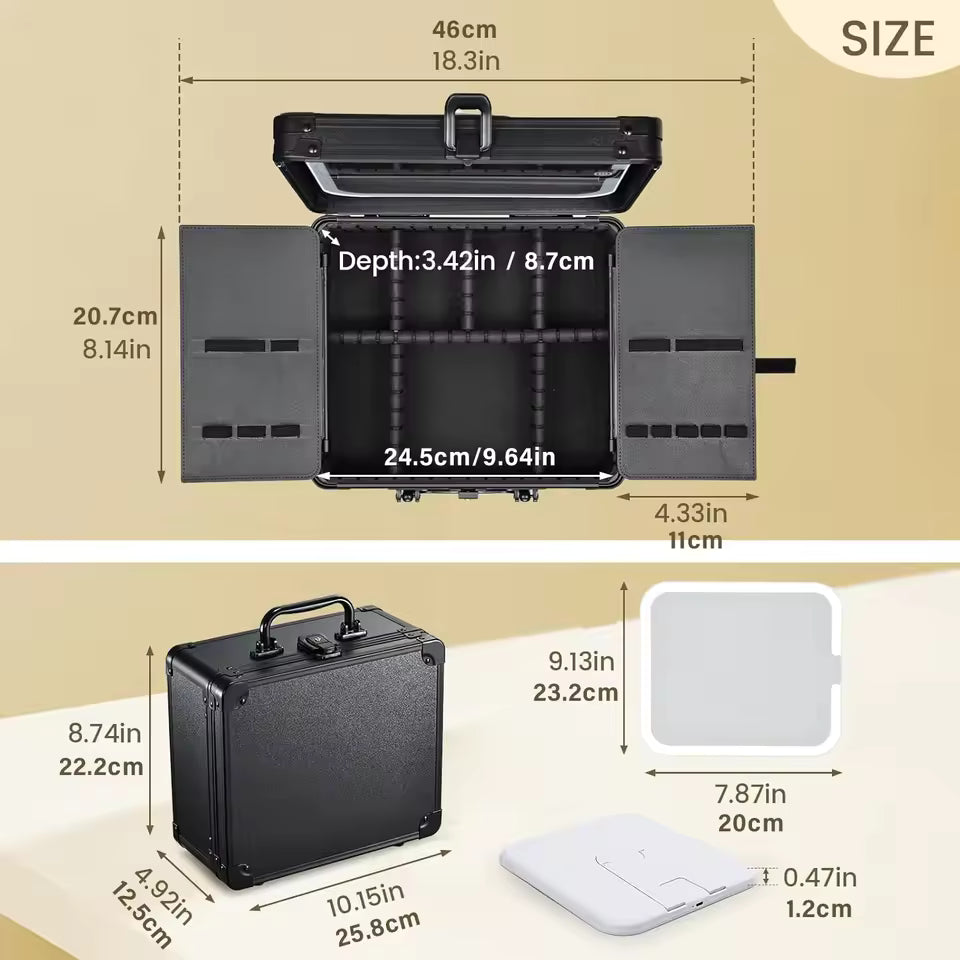 Makeup Case with Magnetic Lighted Mirror Cosmetic Case with 3 Colors LED Mirror Portable Make up Suitcase with Key Divider - M011