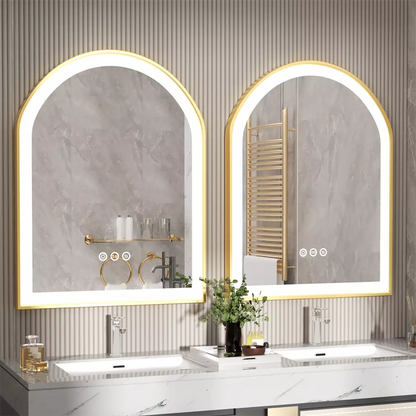 Arched Gold Aluminum Frame Front-lit Arched Gold Aluminum Frame LED Illuminated Bathroom Smart Mirror, 3 Colors Dimming, Defog and Memory Function