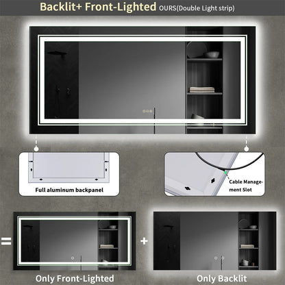 160cm x 80cm Extra Large rectangle  LED Double Light Bathroom Mirror Dual Lights Anti-Fog Memory 3 Colors Dimmable