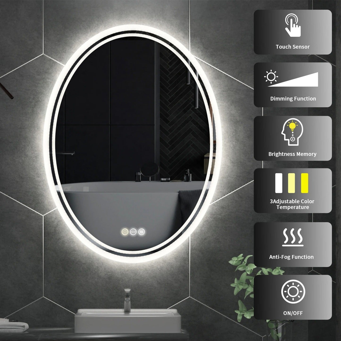 Backlit Light Oval LED Makeup Bathroom Mirror or Wall Mounted, Vanity Mirror  Frameless ,Anti-Fog