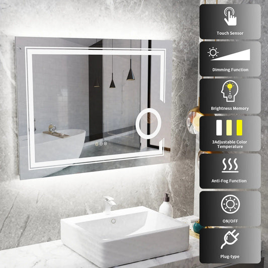 Double lights Smart LED Rectangle Bathroom Mirror with 3X Magnifier