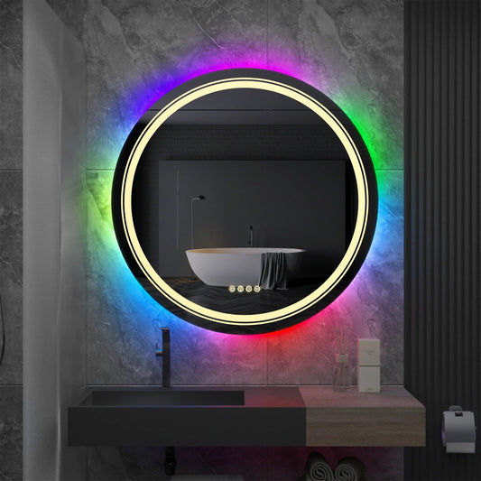 Round Glitzy RGB Double Light LED Bathroom Mirror RGB Color Changing Dimmable Anti-Fog