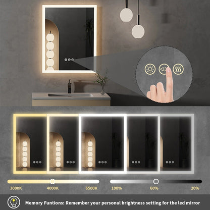 40x50cm Front light LED Bathroom Mirror with Anti-Fog, Wall Mounted Vanity Mirror with Smart Touch Button, Memory Function