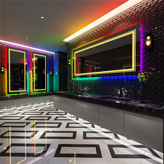 Rectangle Glitzy RGB Double Light LED Bathroom Mirror RGB Color Changing Backlight, Dimmable, Anti-Fog, and Shatterproof